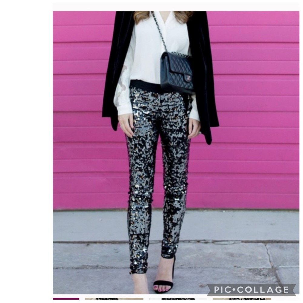 NWT Express Black Silver Sequin Leggings Holiday Party NYE Size S